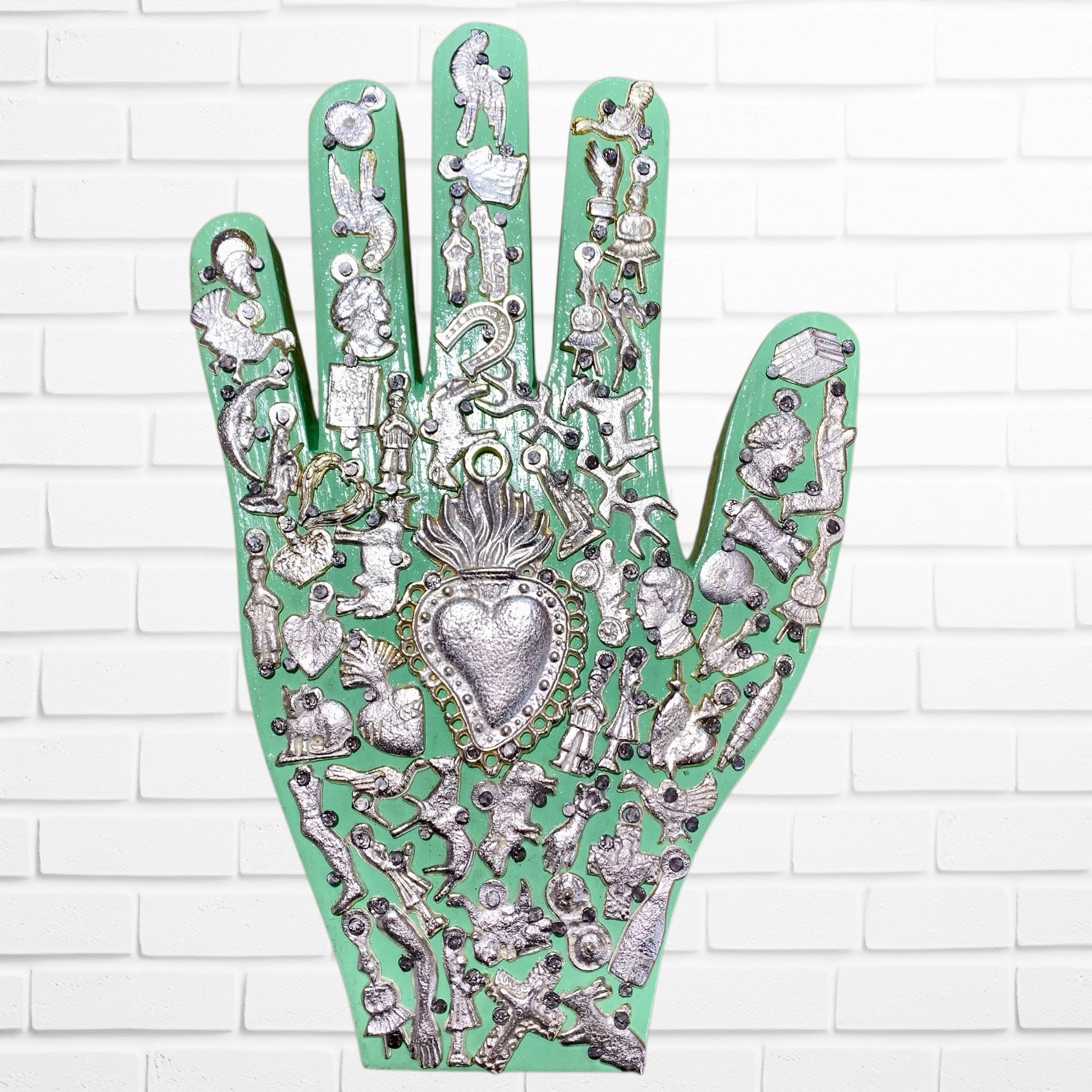 Healing Hand with Milagros charms Light green