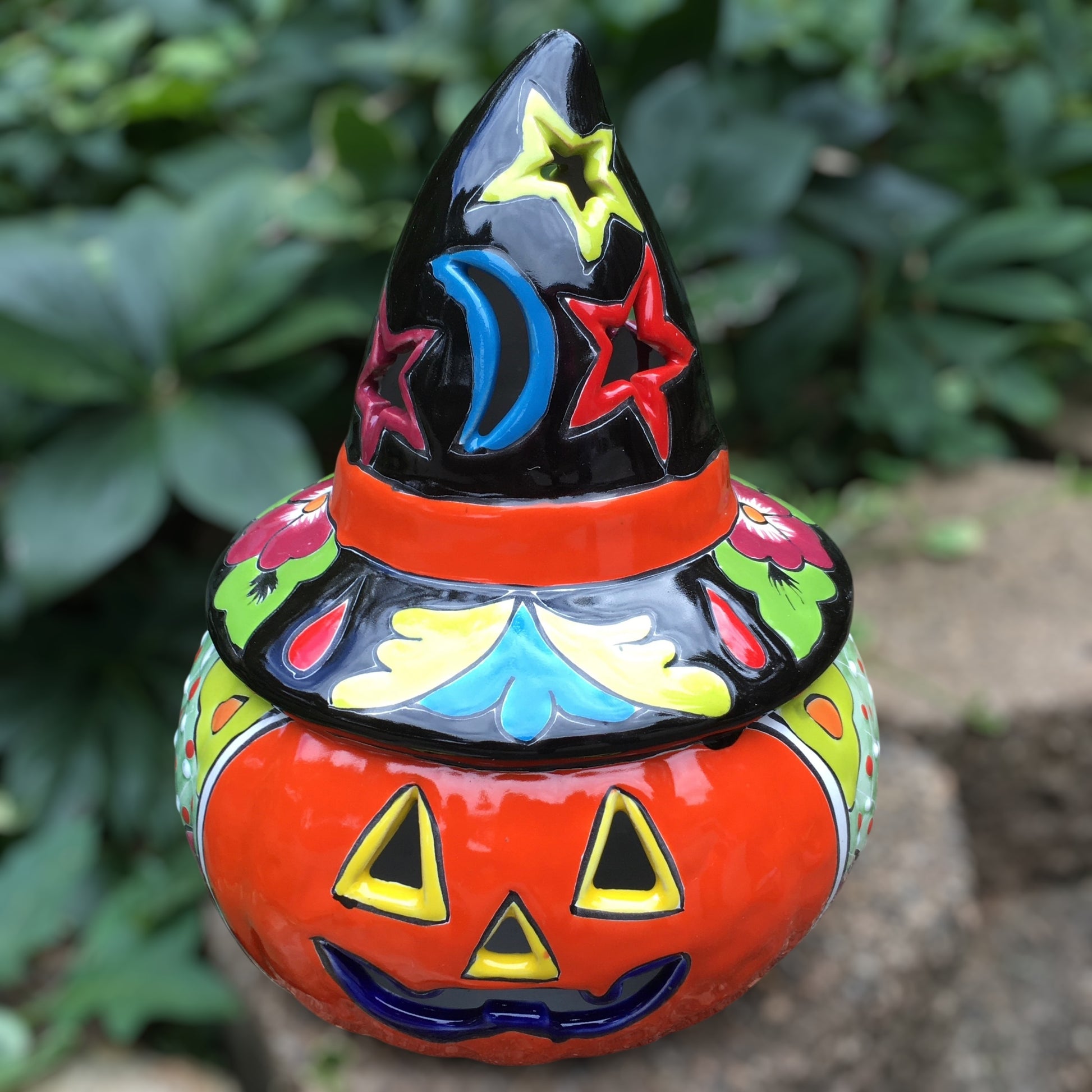 Mexican Talavera pumpkin with witch hat two