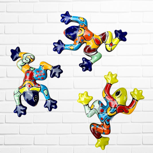 Three Mexican Talavera, colorful walk frog In a set.