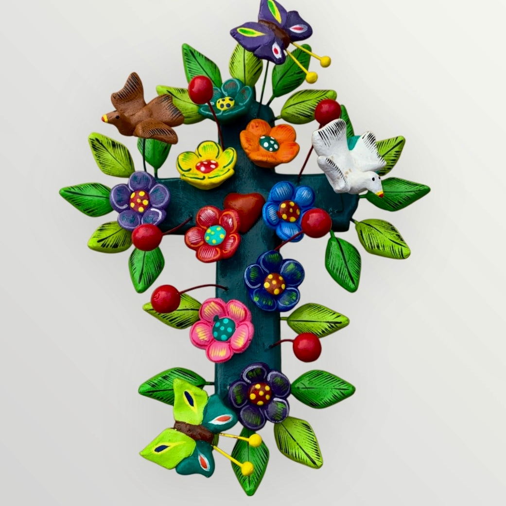 Ortega Pottery Folk art cross with leaves, flowers and butterflies Style Four
