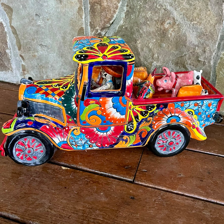mexican talavera pick up truck with catrina skeltons side