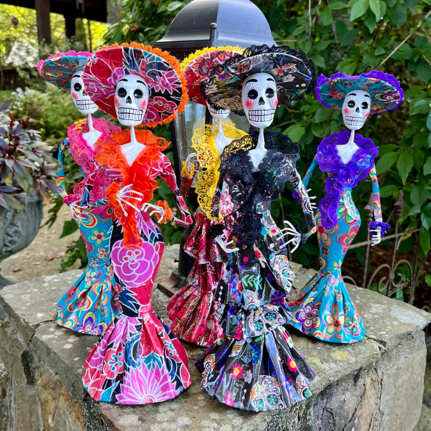 Floral, paper Mâché Catrina skeleton doll