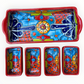 A red ceramic four-compartment serving tray with hand-painted talavera designs in blue, orange, green, and yellow on a white background, top view of compartments and tray.