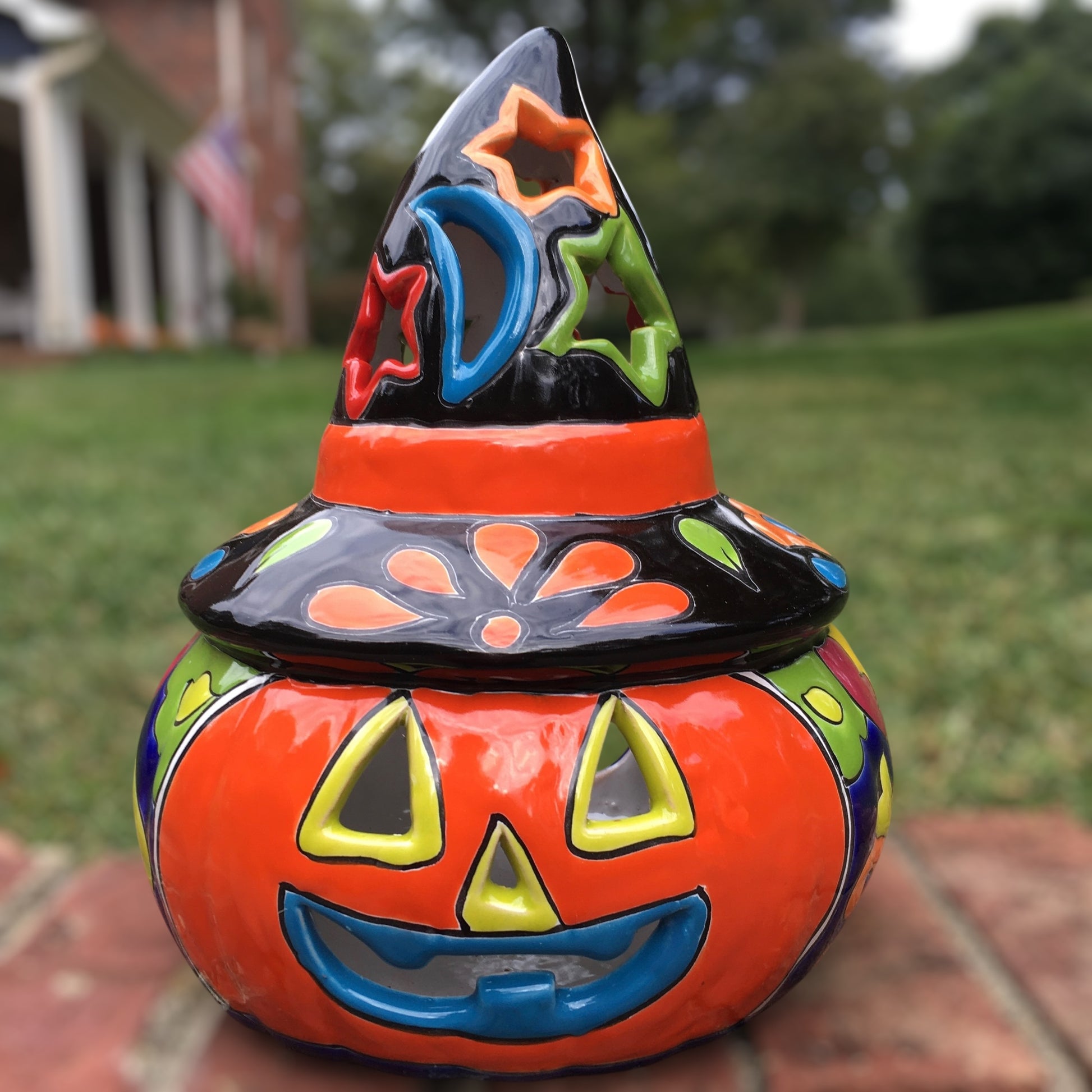 Mexican Talavera pumpkin with witch hat four