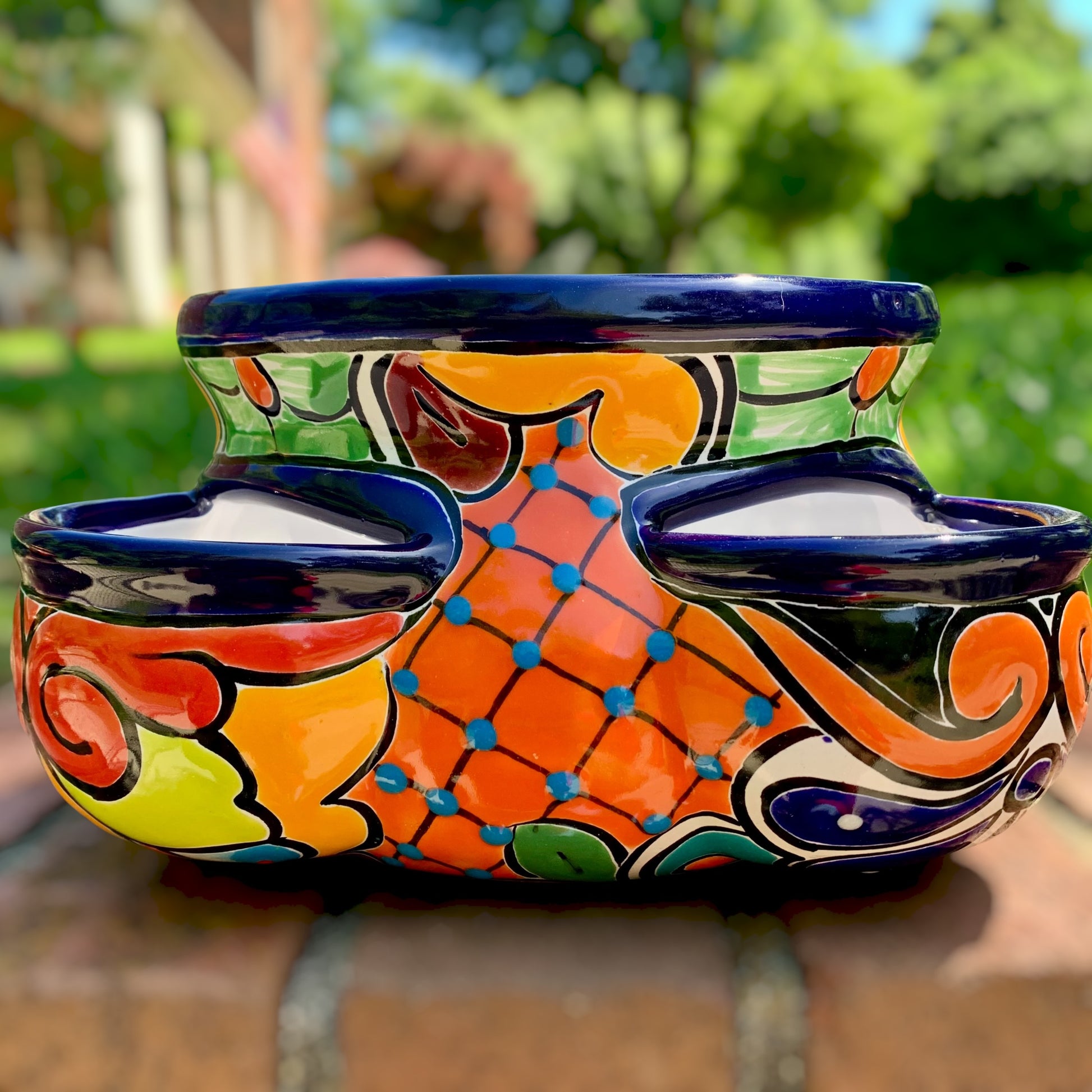 Mexican Talavera strawberry planting pot in Azul Cobalt blue Side two