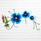 Decorative metal wall art with three blue flowers and a colorful hummingbird on a white brick background
