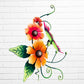 Decorative metal wall art with orange flowers and a hummingbird on a white brick background side view