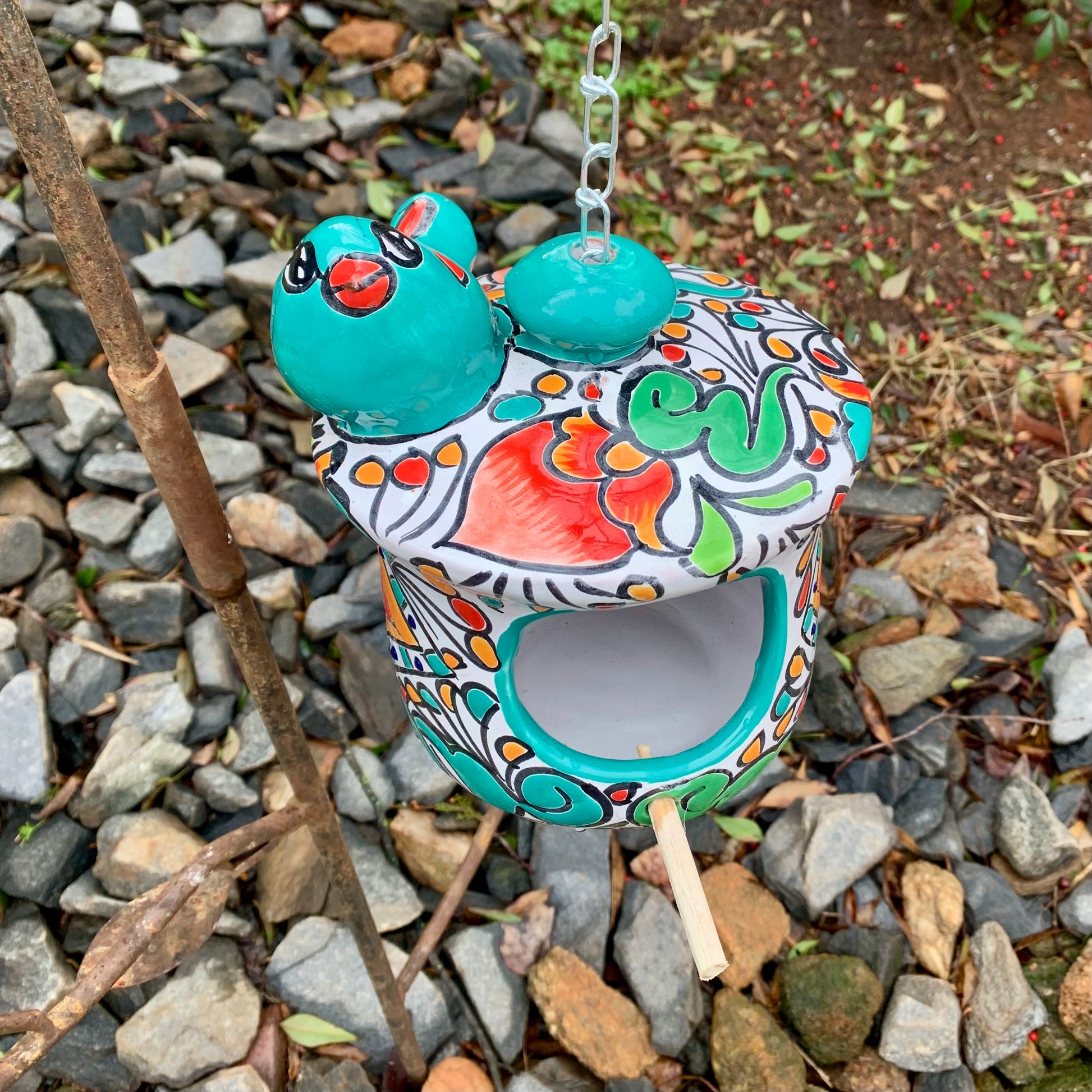Mexican talavera birdhouse cottage in teal top view