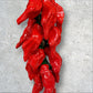 Close-up of red Poblano chili peppers on a string