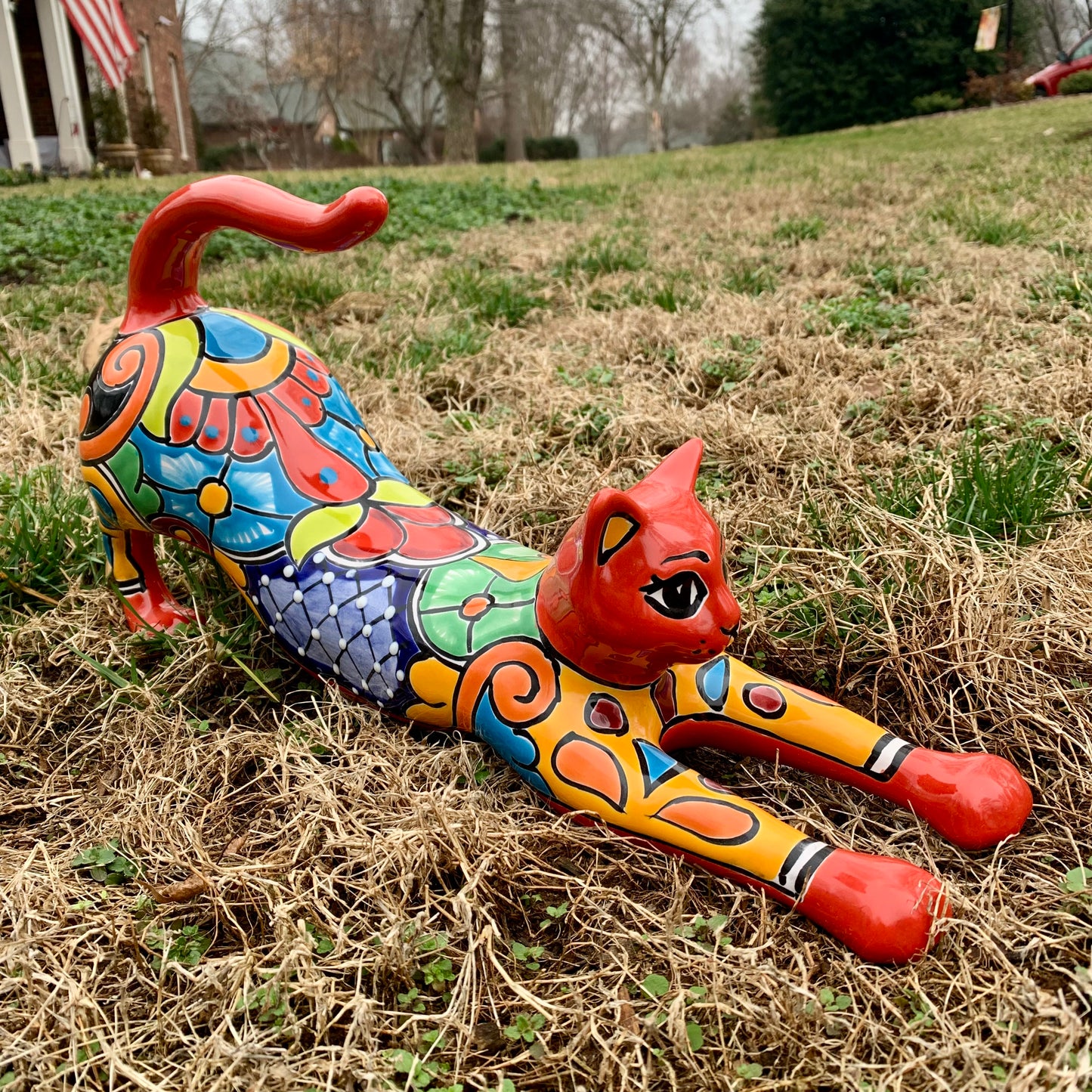 Mexican Talavera large red stretching kitty cat in Rojo