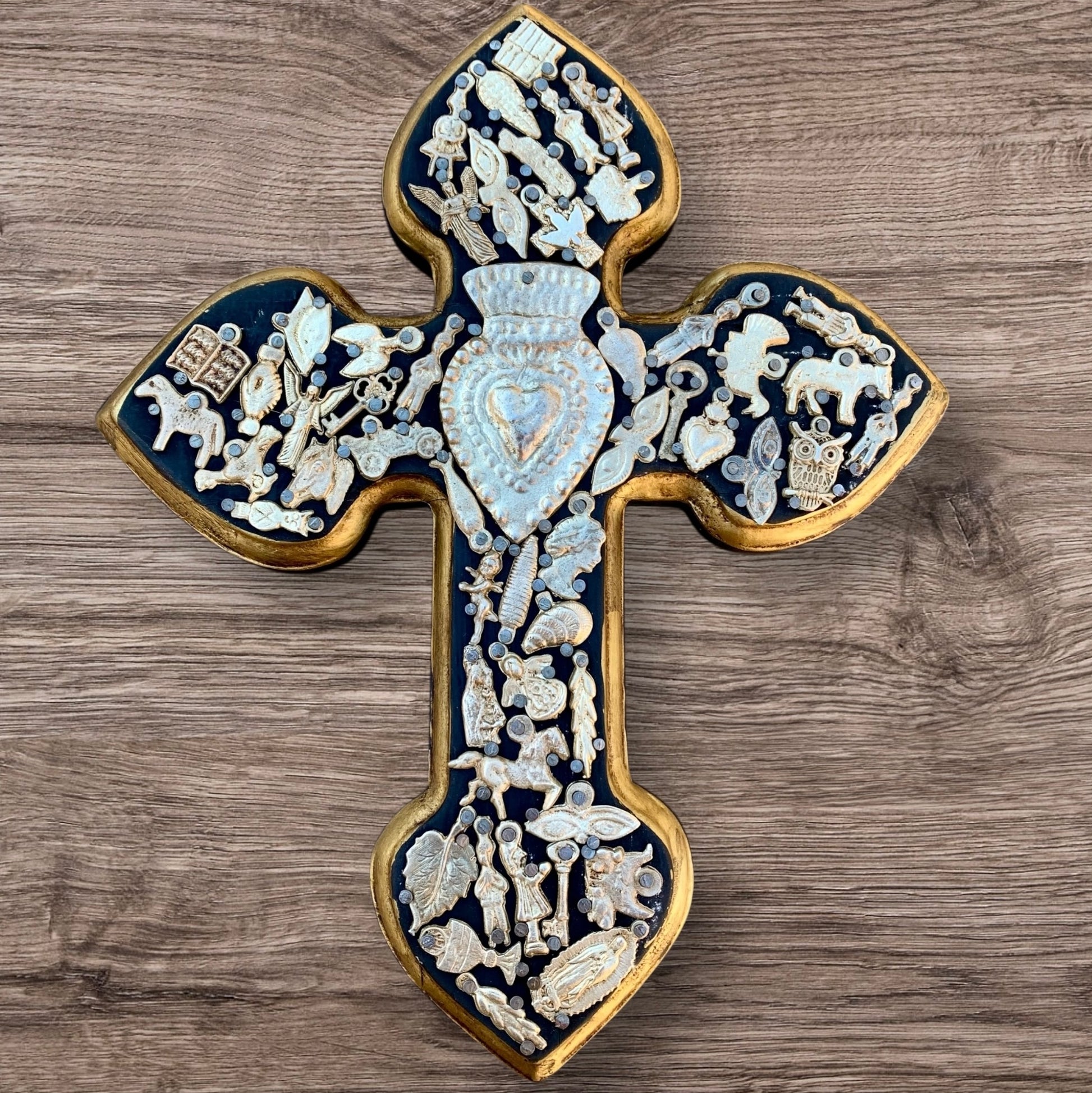 Milagros decorated wood cross dark stain