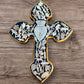 Milagros decorated wood cross dark stain