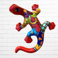 Colorful ceramic lizard sculpture against a white brick wall background