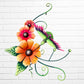 Decorative metal wall art with orange flowers and a hummingbird on a white brick background