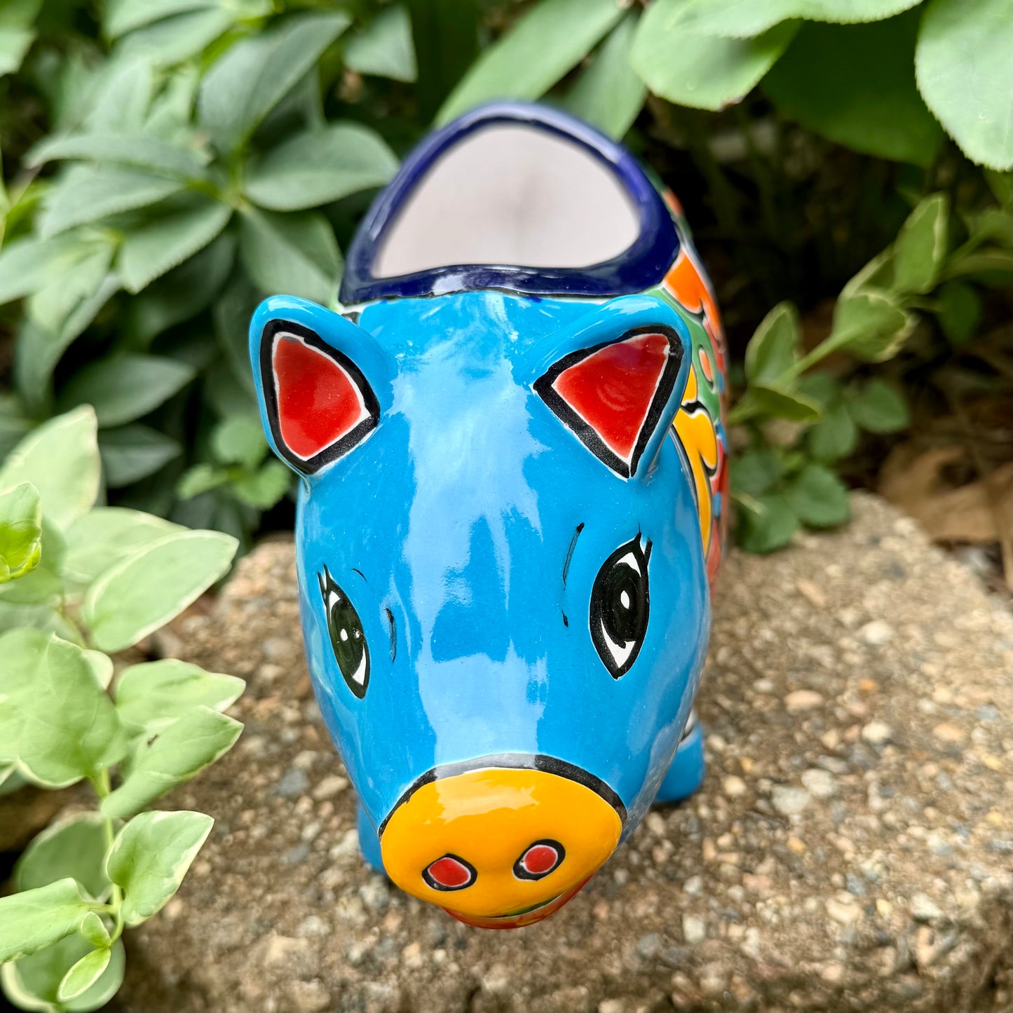 Colorful Talavera ceramic pig planter on a stone surface with green plants in  Background front face view