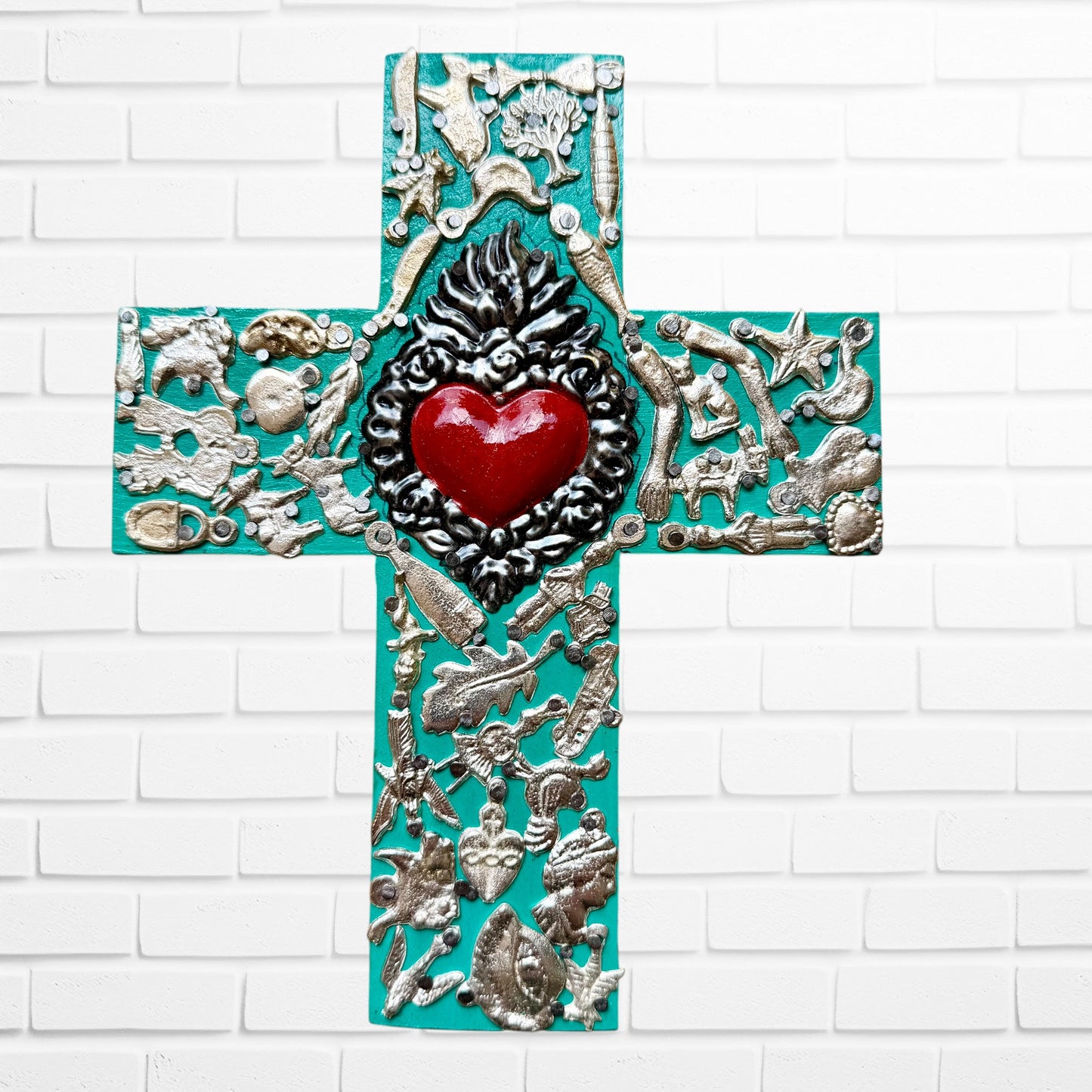 Milagros Flaming Heart Medallion Cross