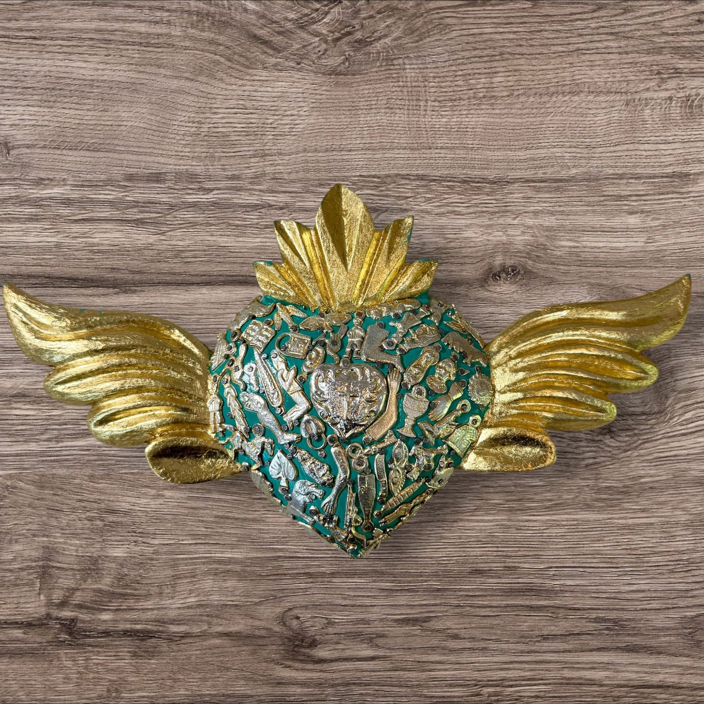 Winged Mexican Milagros Sacred Heart wood wall art Front