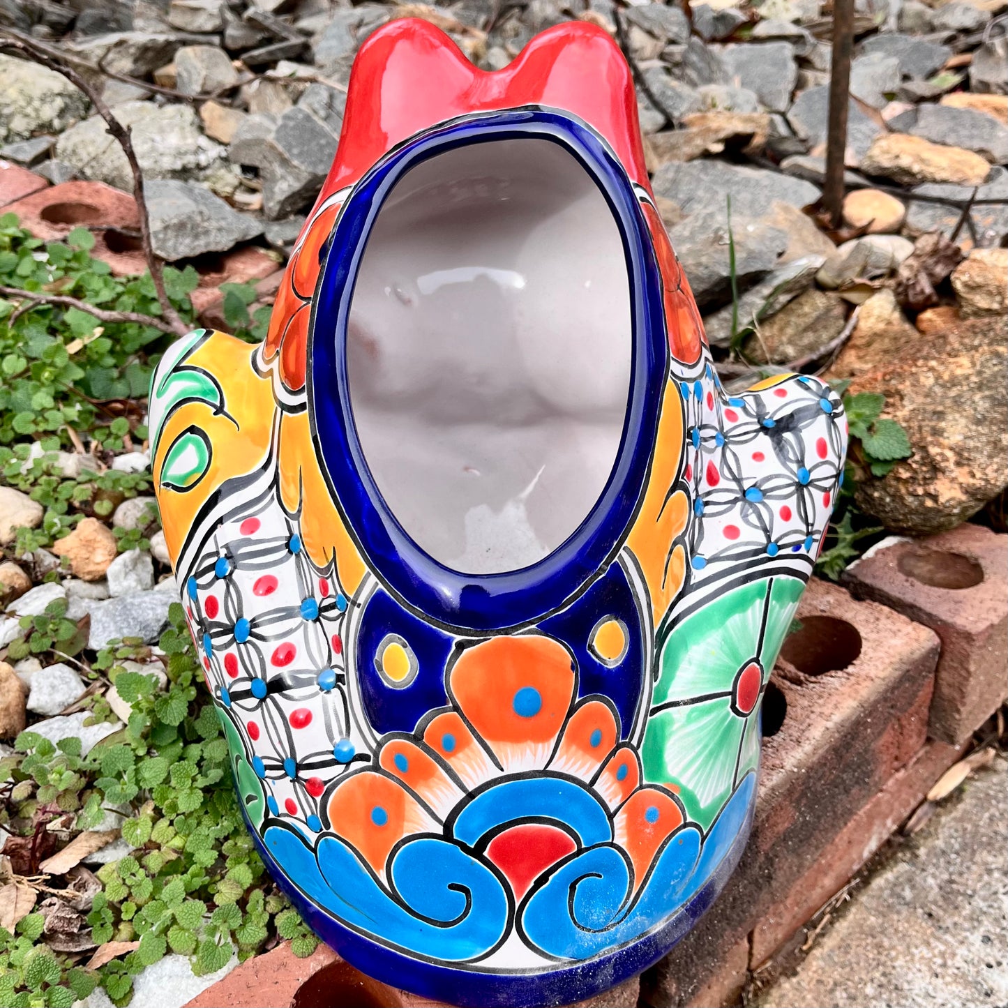 Mexican Talavera red frog planter back view