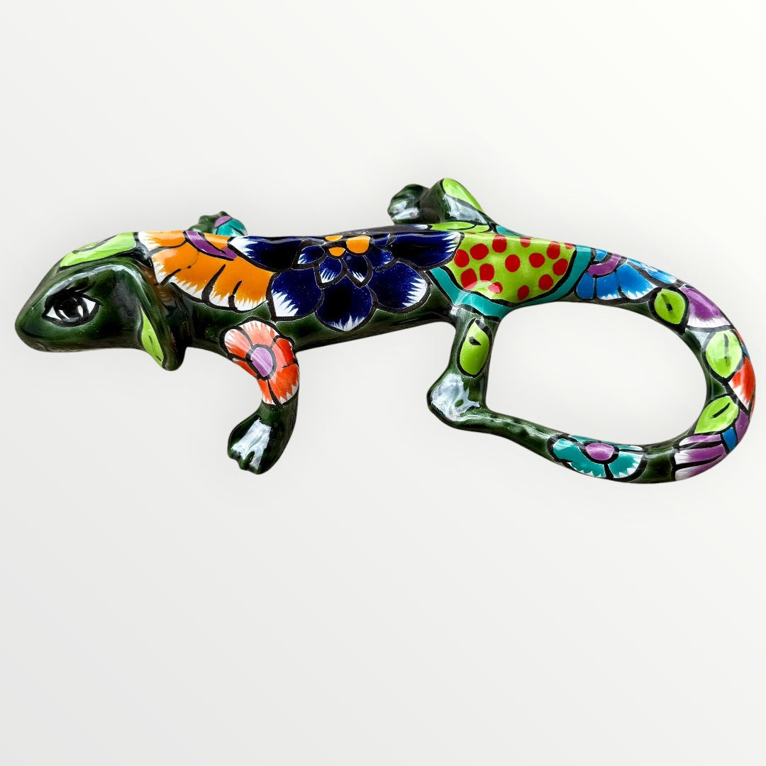 Mexican Talavera wall mounted iguana in dark green with multicolor designs right side