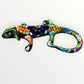 Mexican Talavera wall mounted iguana in dark green with multicolor designs right side