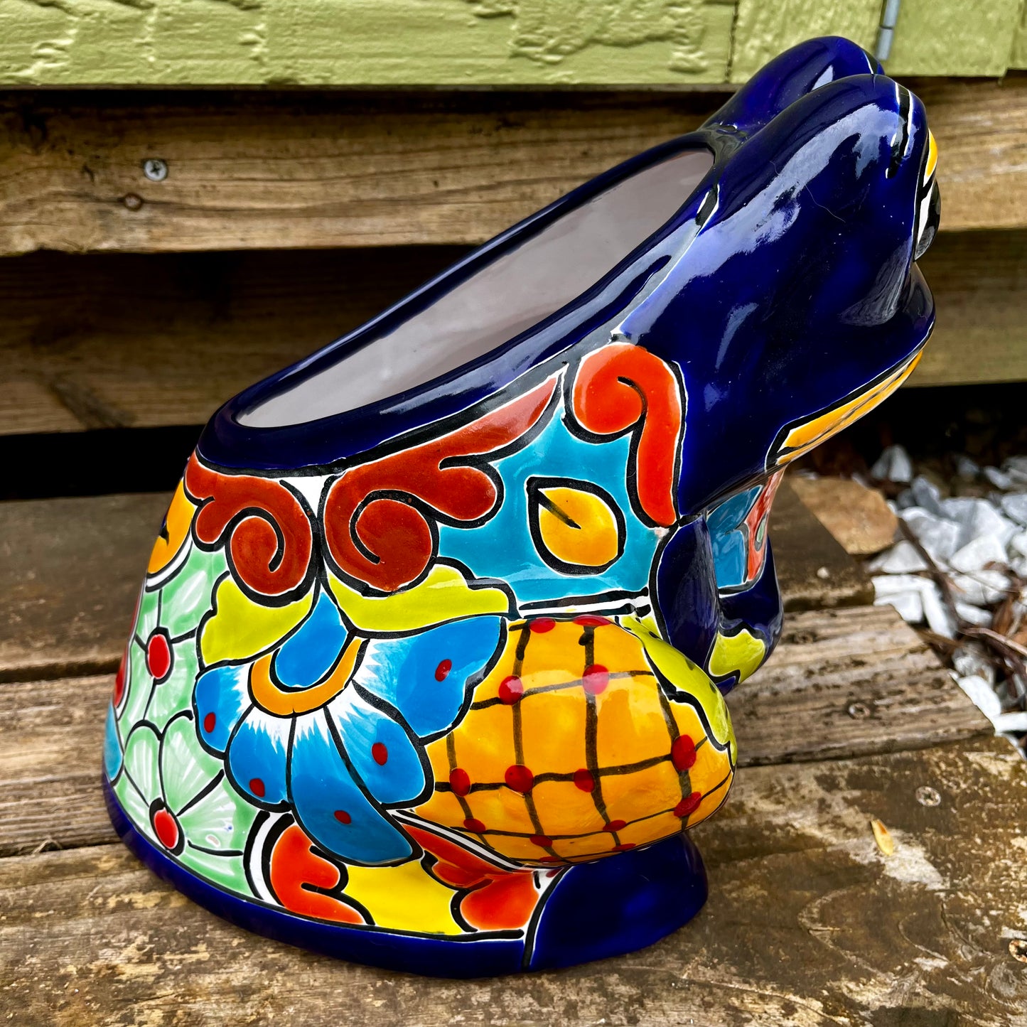 Mexican Talavera frog planting pot left side