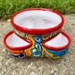 Hand painted Mexican Talavera Strawberry pot with a large top opening a four pockets on each side.  Trim color is cherry red, body has multi-color designs on each side. This is the other side view.