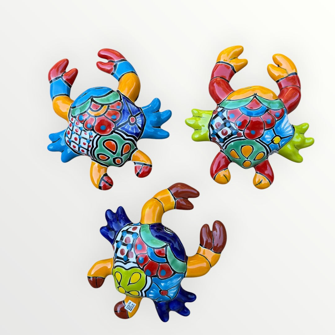 Talavera ceramic crab set with three colorful crabs.