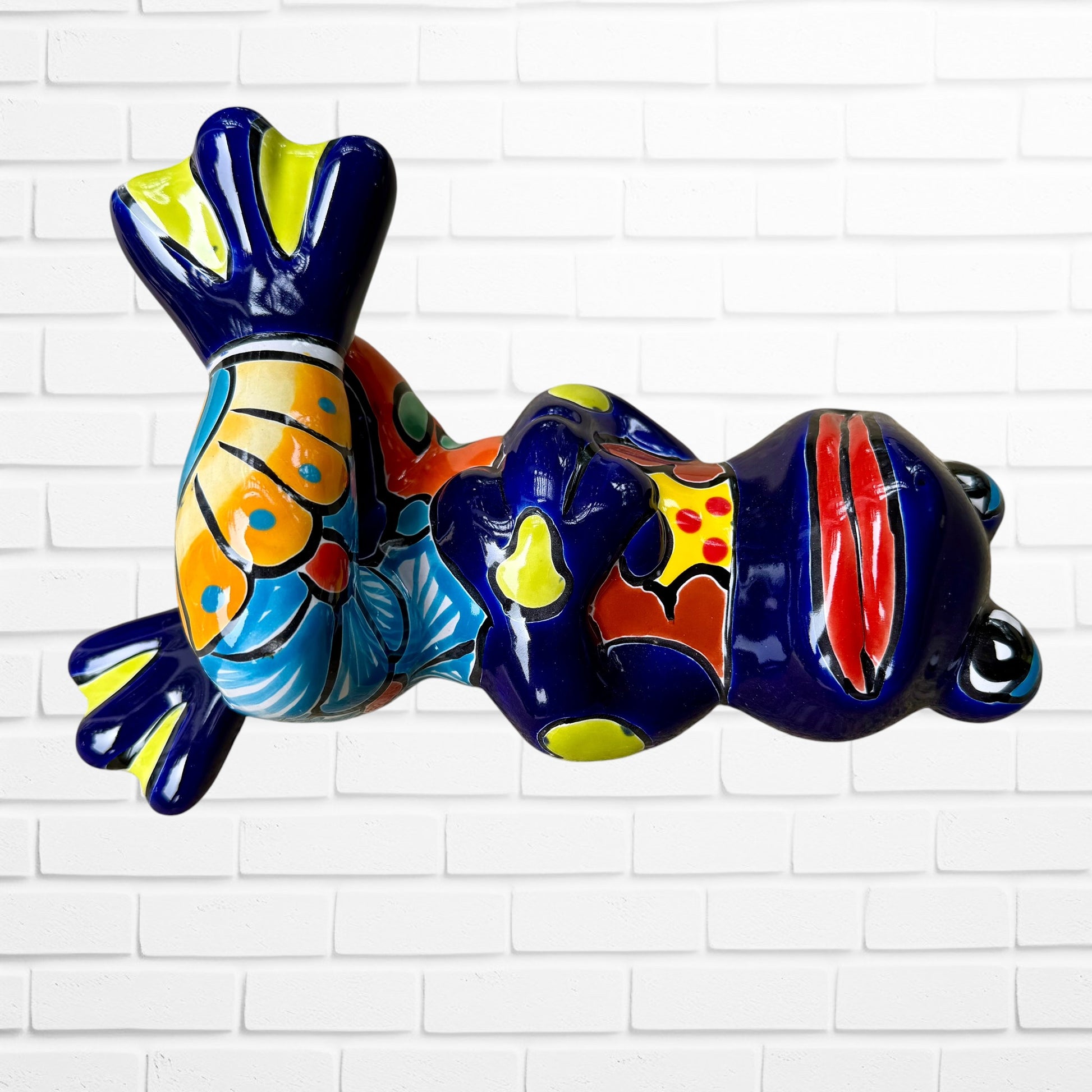 Mexican Talavera, dark blue, silly, dancing, frog left side