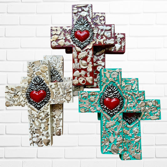 Milagros Flaming Heart Medallion Cross