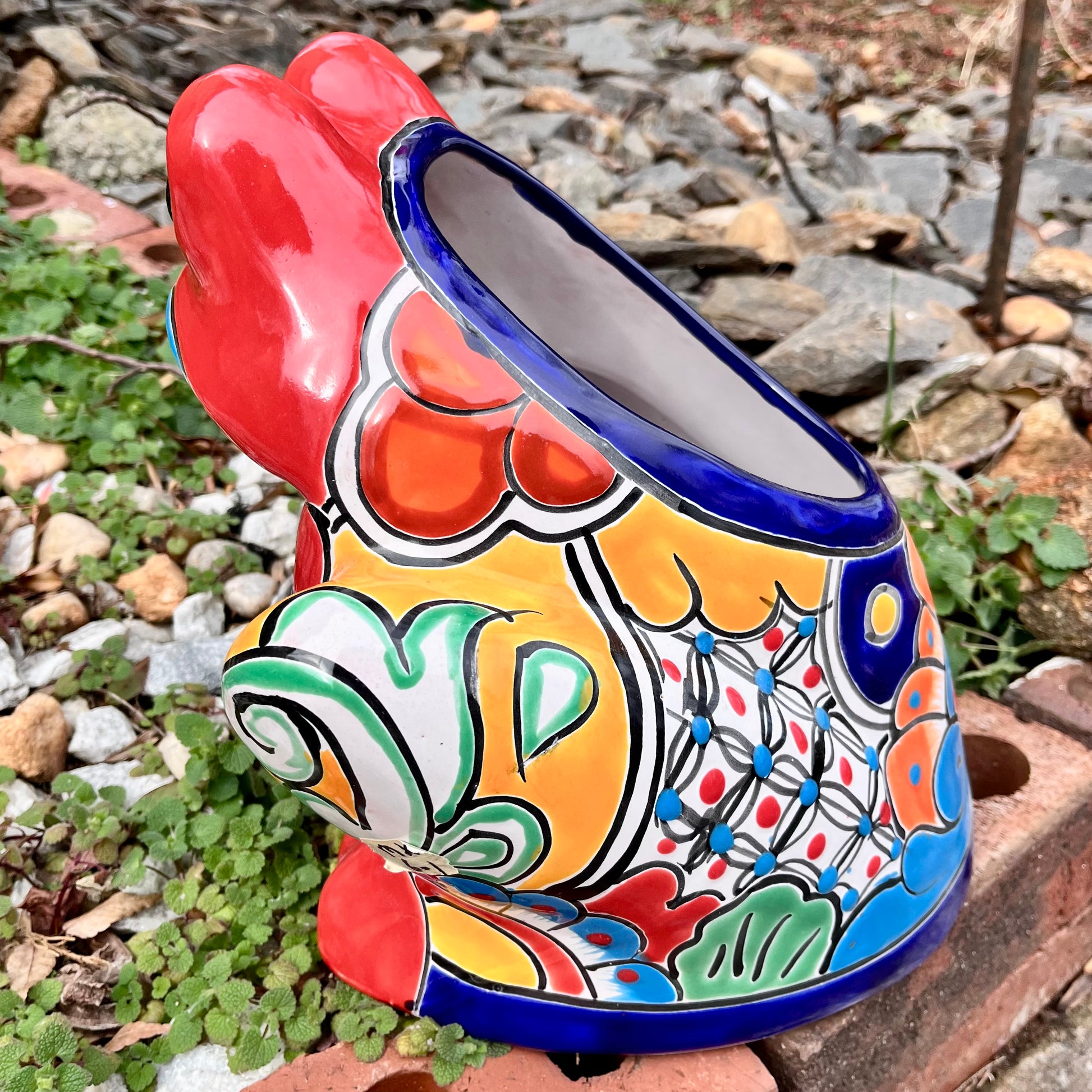 Mexican Talavera, red frog planter, right side view