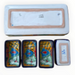 A red ceramic four-compartment serving tray with hand-painted talavera designs in blue, orange, green, and yellow on a white background, bottom view.
