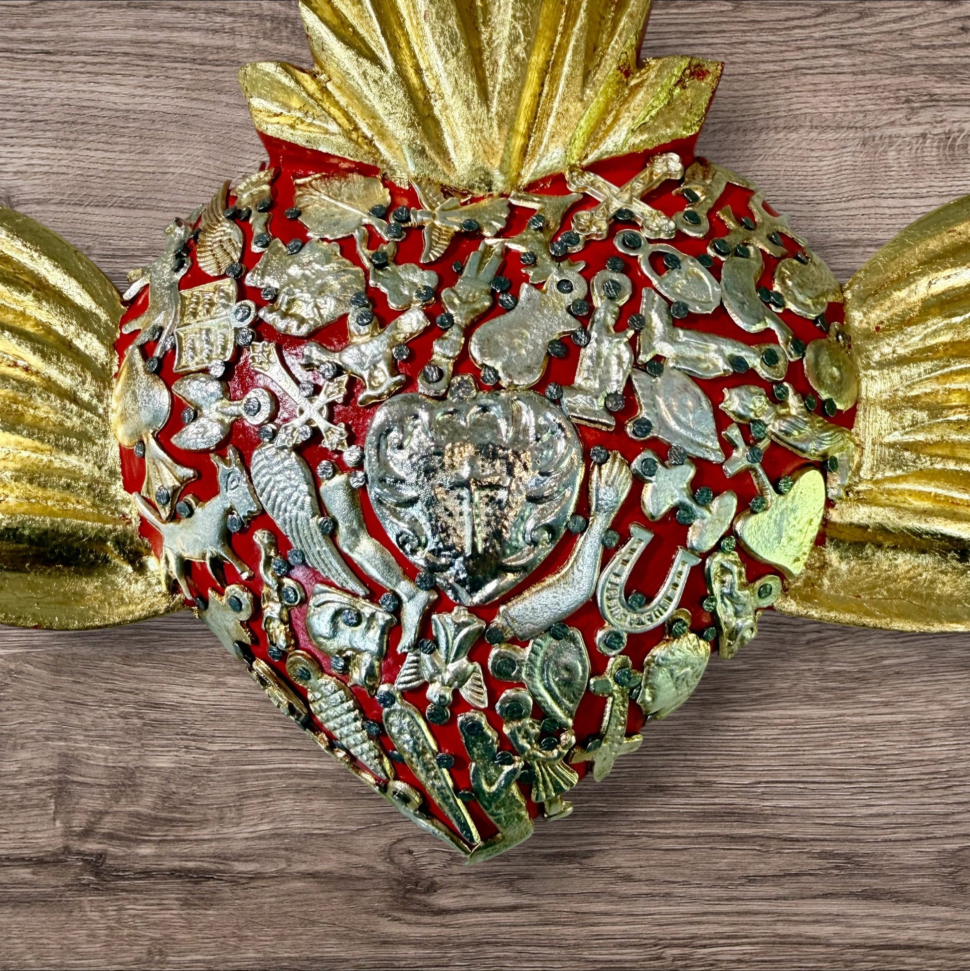 Winged Mexican Milagros Sacred Heart wood wall art Center
