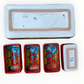 A red ceramic four-compartment serving tray with hand-painted talavera designs in blue, orange, green, and yellow on a white background, bottom view.