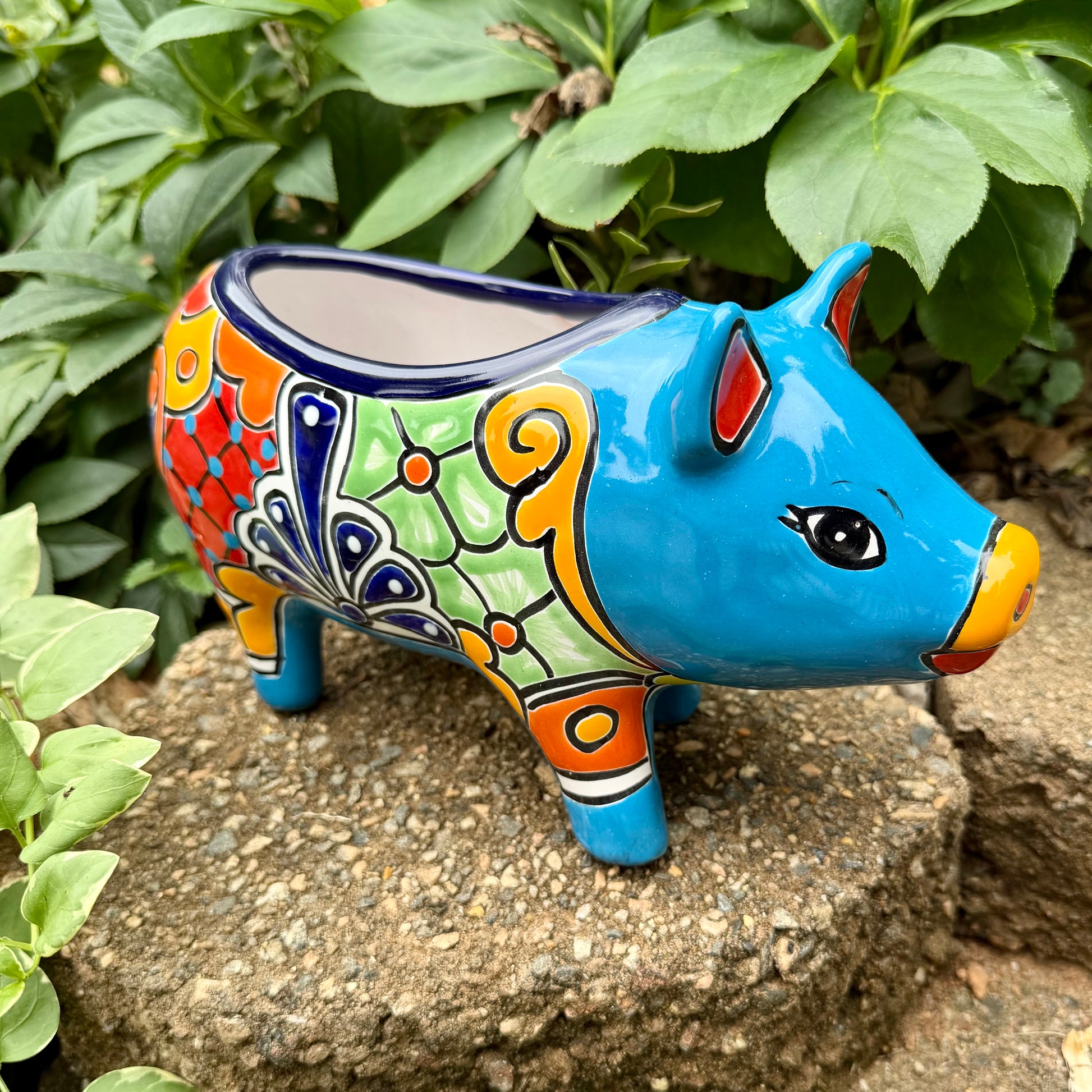 Colorful Talavera ceramic pig planter on a stone surface with green plants in  Background