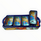 A blue ceramic four-compartment serving tray with hand-painted talavera designs in blue, orange, green, and yellow on a white background.