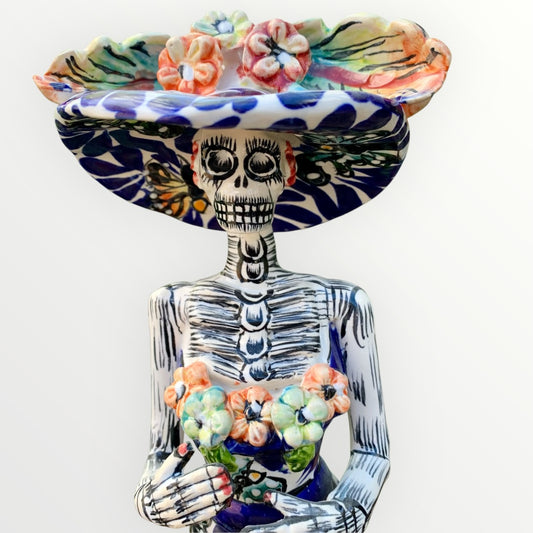  Mexican Talavera Catrina skeleton doll with Calla lilies and butterflies Face