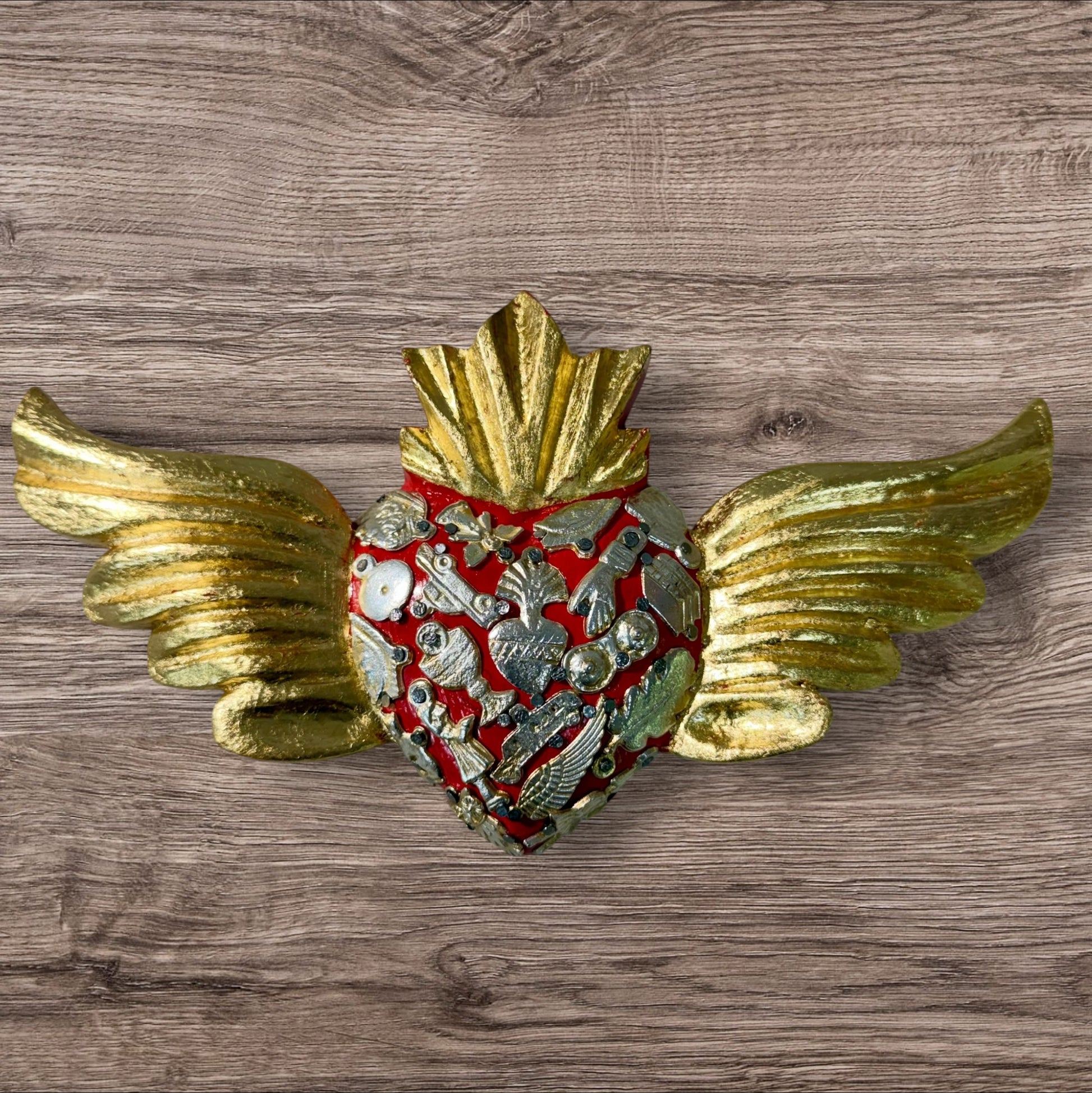 Winged Mexican Milagros Sacred Heart wood wall art Front