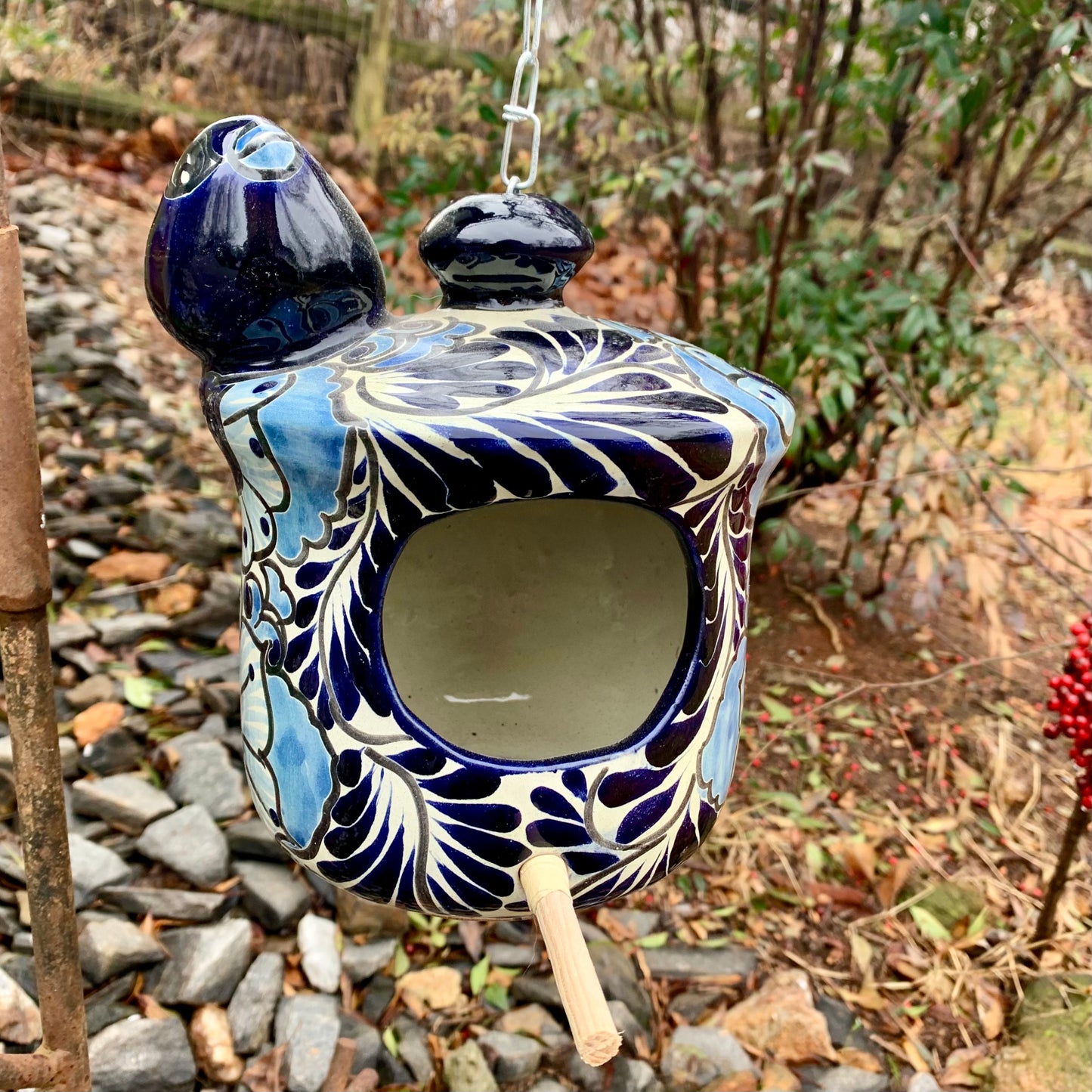 Mexican talavera birdhouse cottage in classic blue and white
