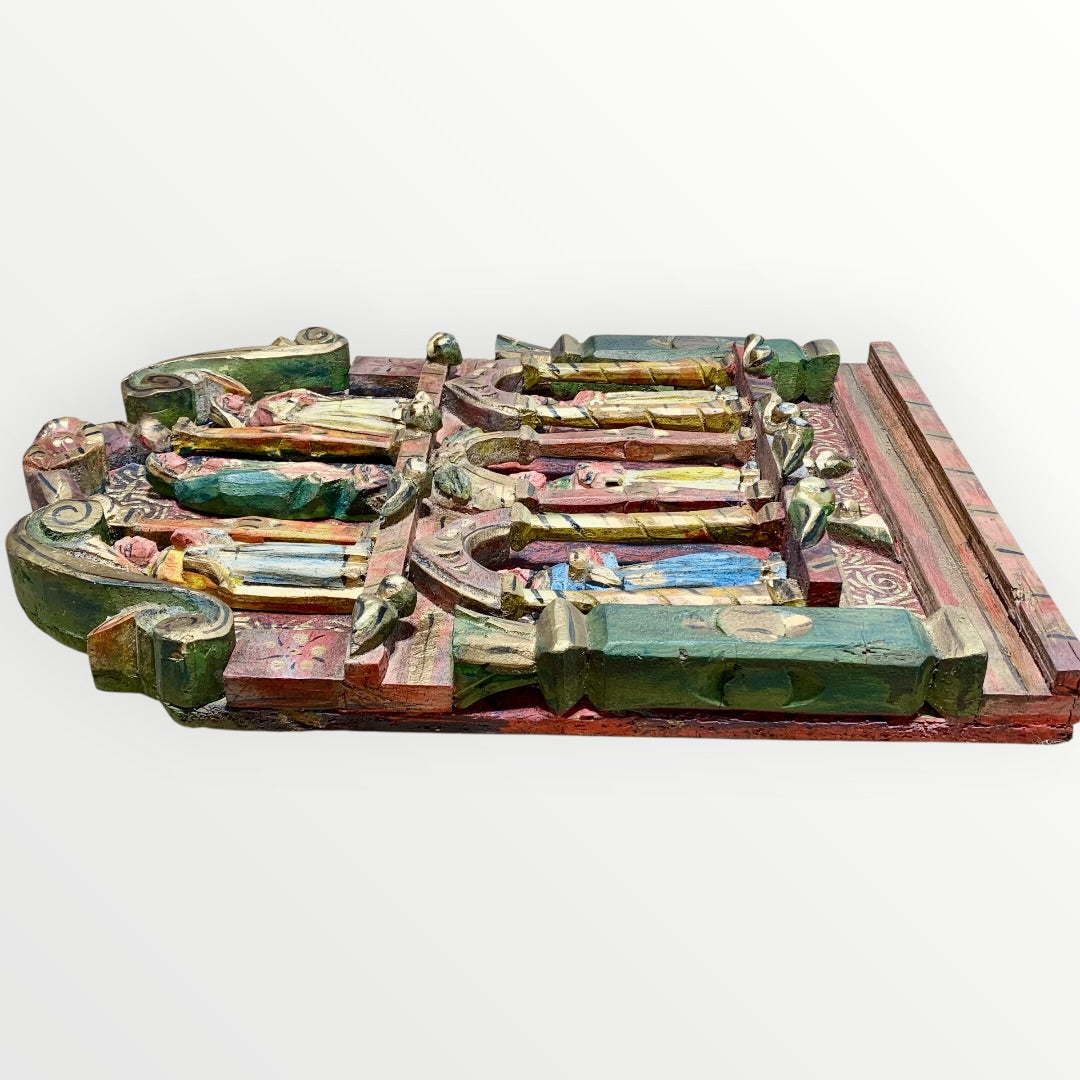 Mexican wood red table with Catholic Saints in Niches Left side view