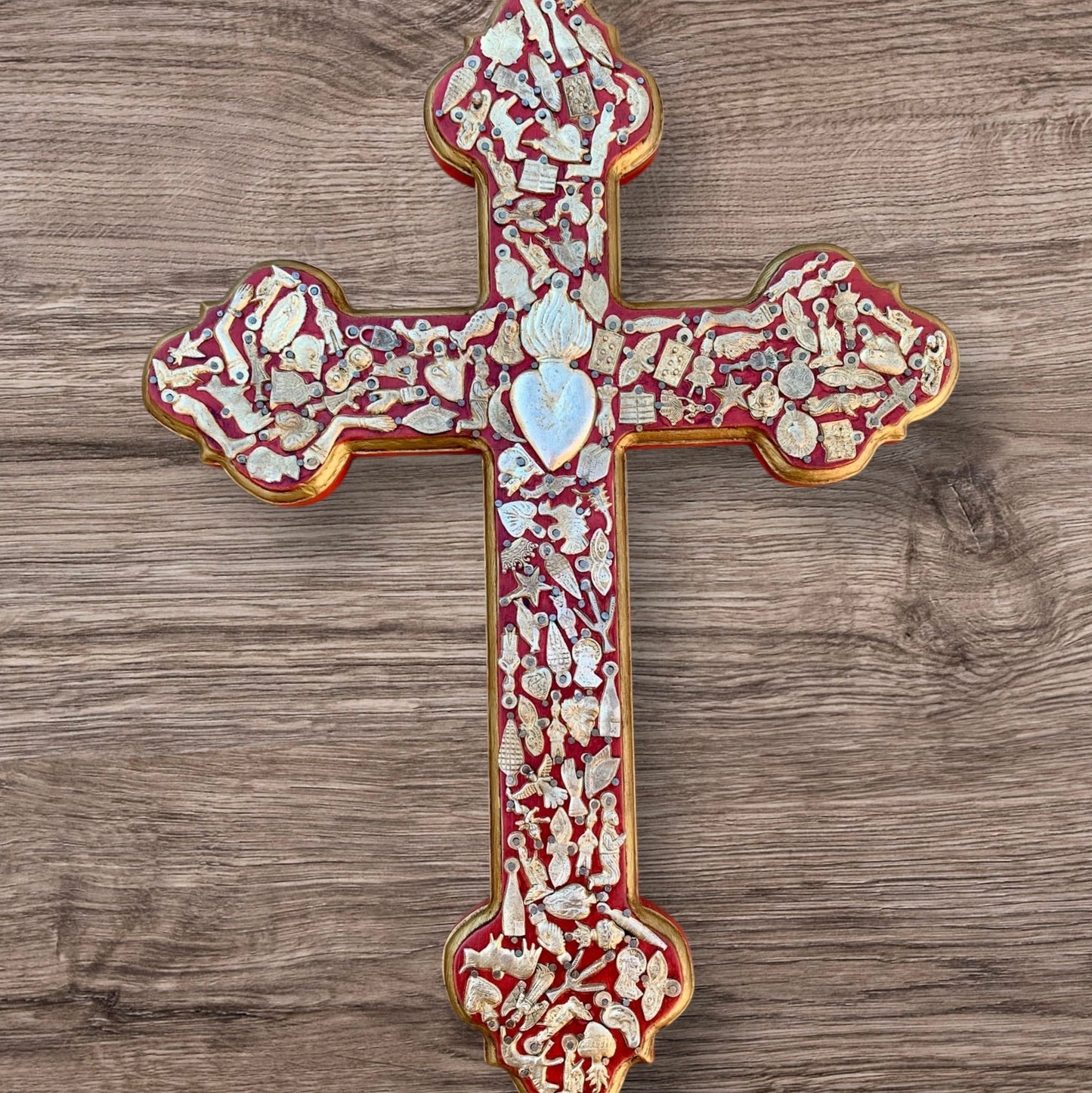 Milagros decorated wood cross grande in red