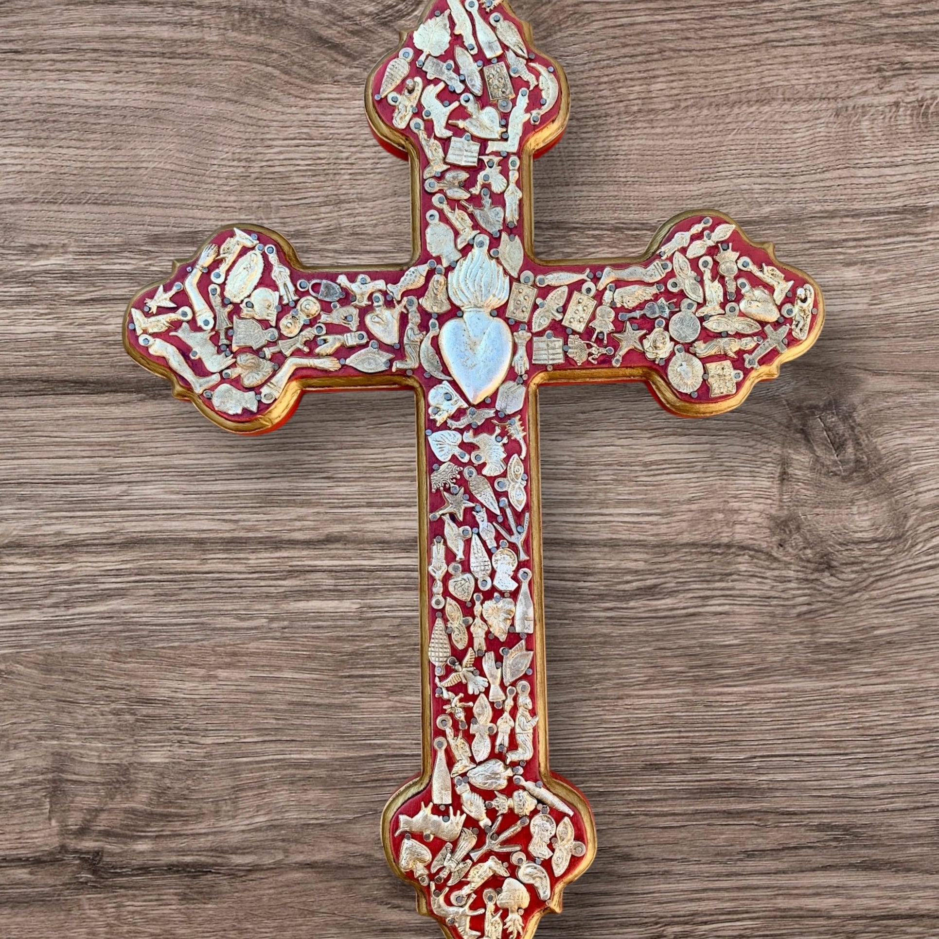 Milagros decorated wood cross grande in red