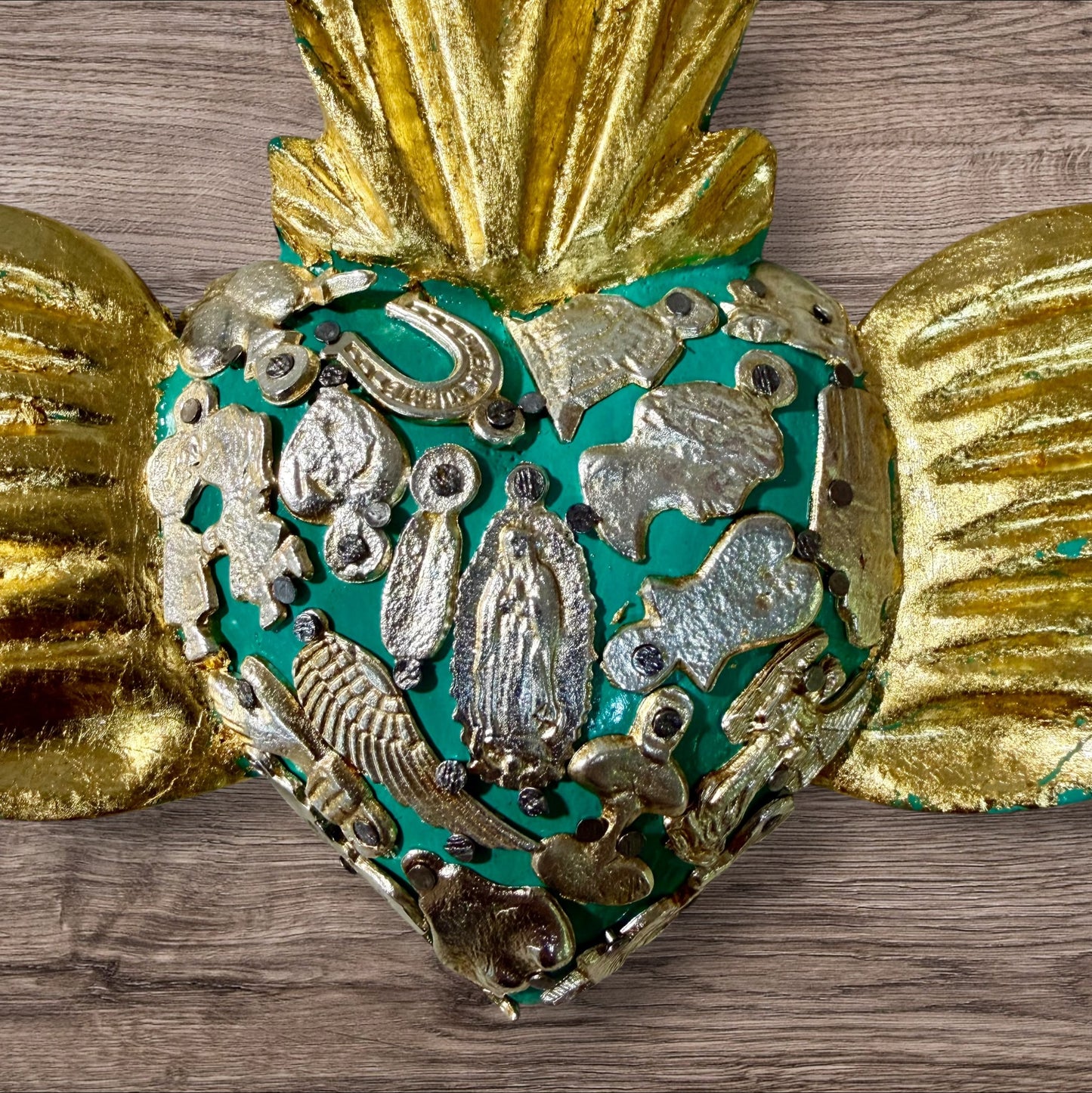 Winged Mexican Milagros Sacred Heart wood wall art Center
