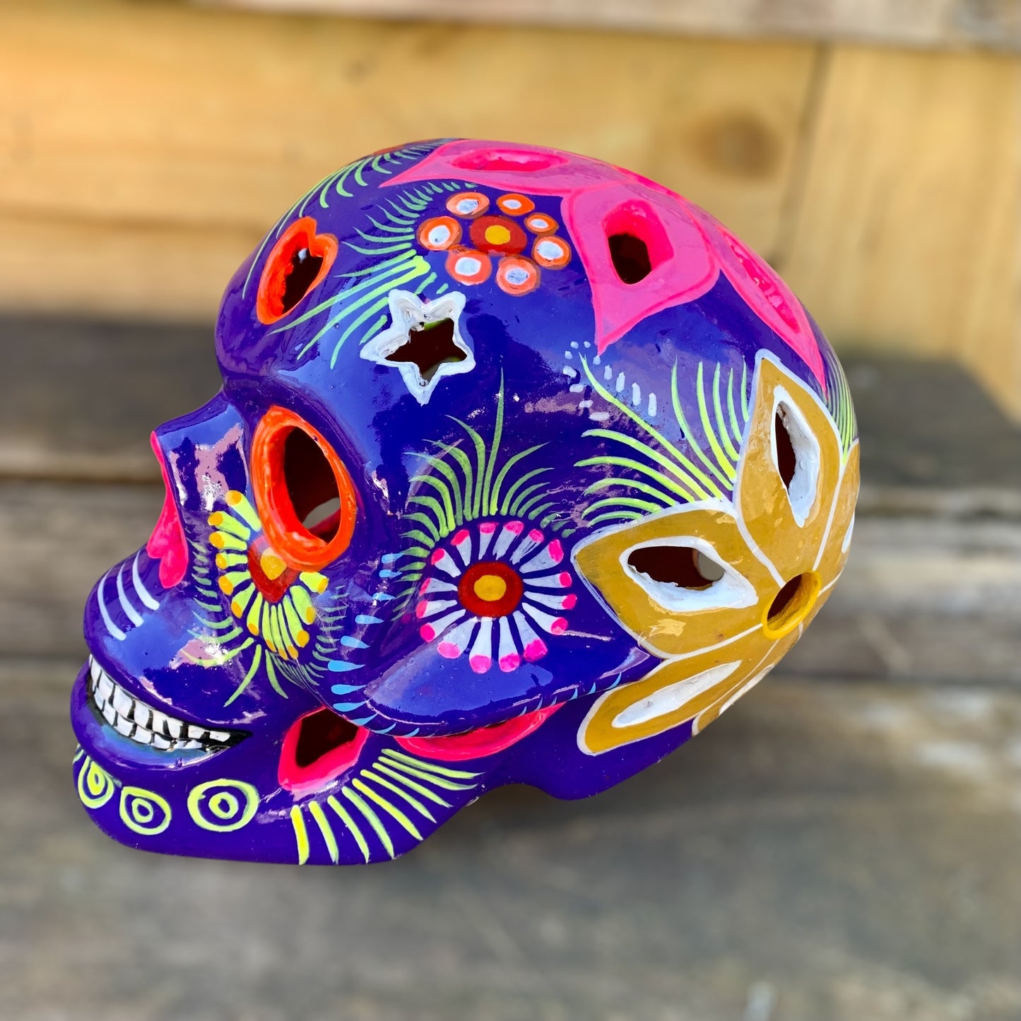 Mexican pottery painted sugar skull right side