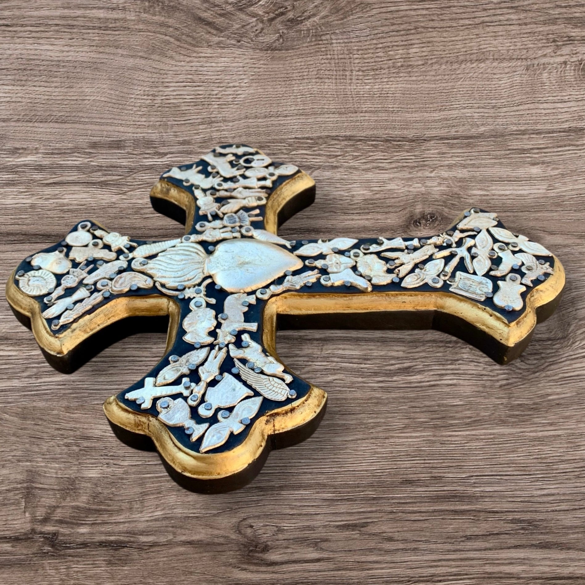  Milagros decorated wood cross side detail