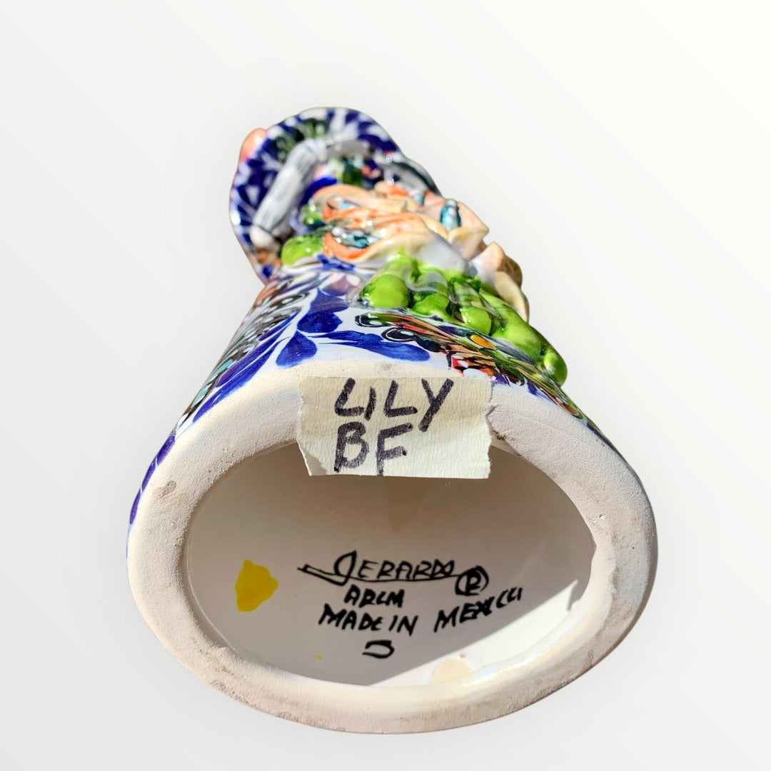 Mexican Talavera Catrina skeleton doll with Calla lilies and butterflies Artist signature 