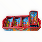 A red ceramic four-compartment serving tray with hand-painted talavera designs in blue, orange, green, and yellow on a white background, side view.
