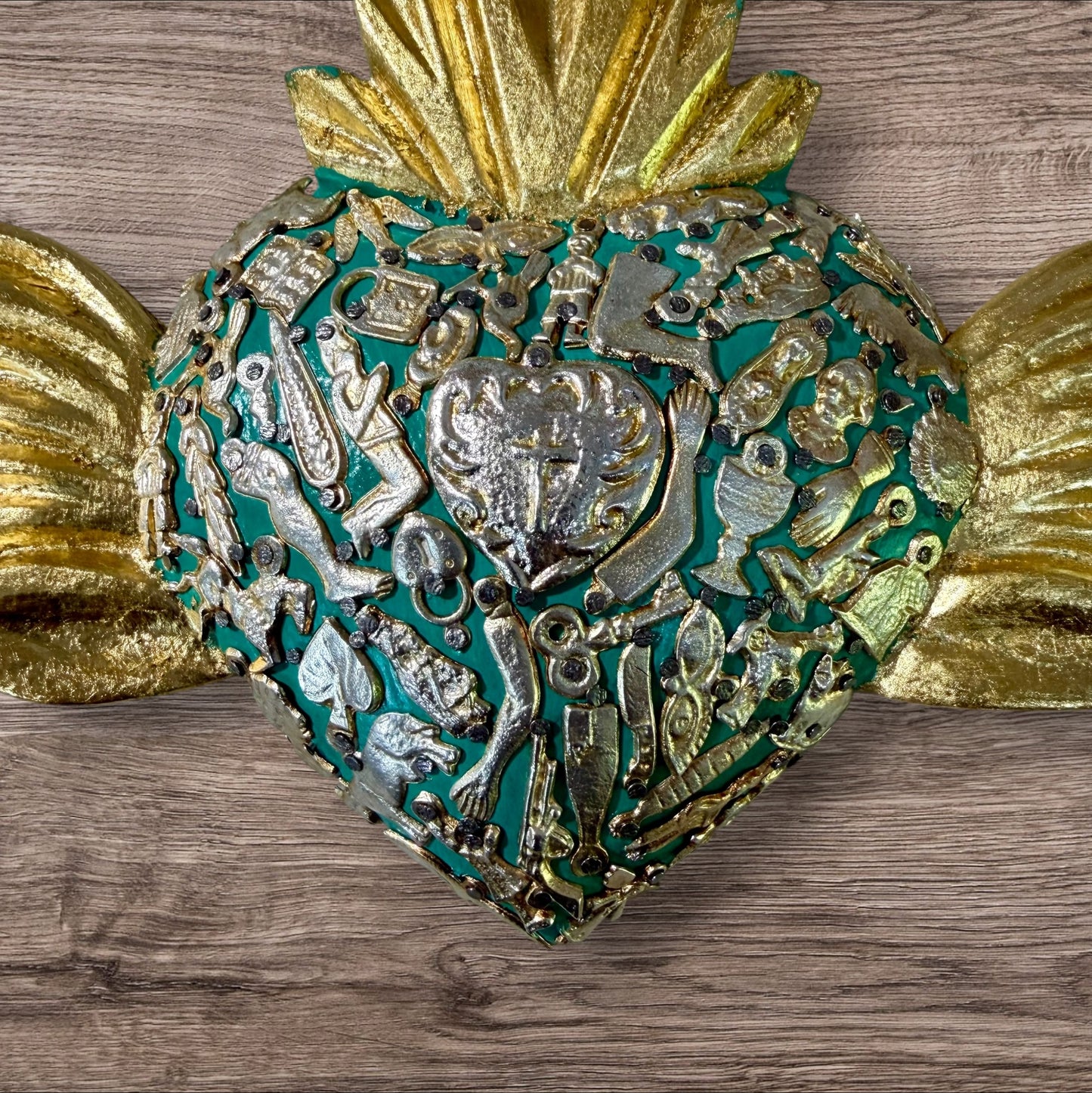 Winged Mexican Milagros Sacred Heart wood wall art Center