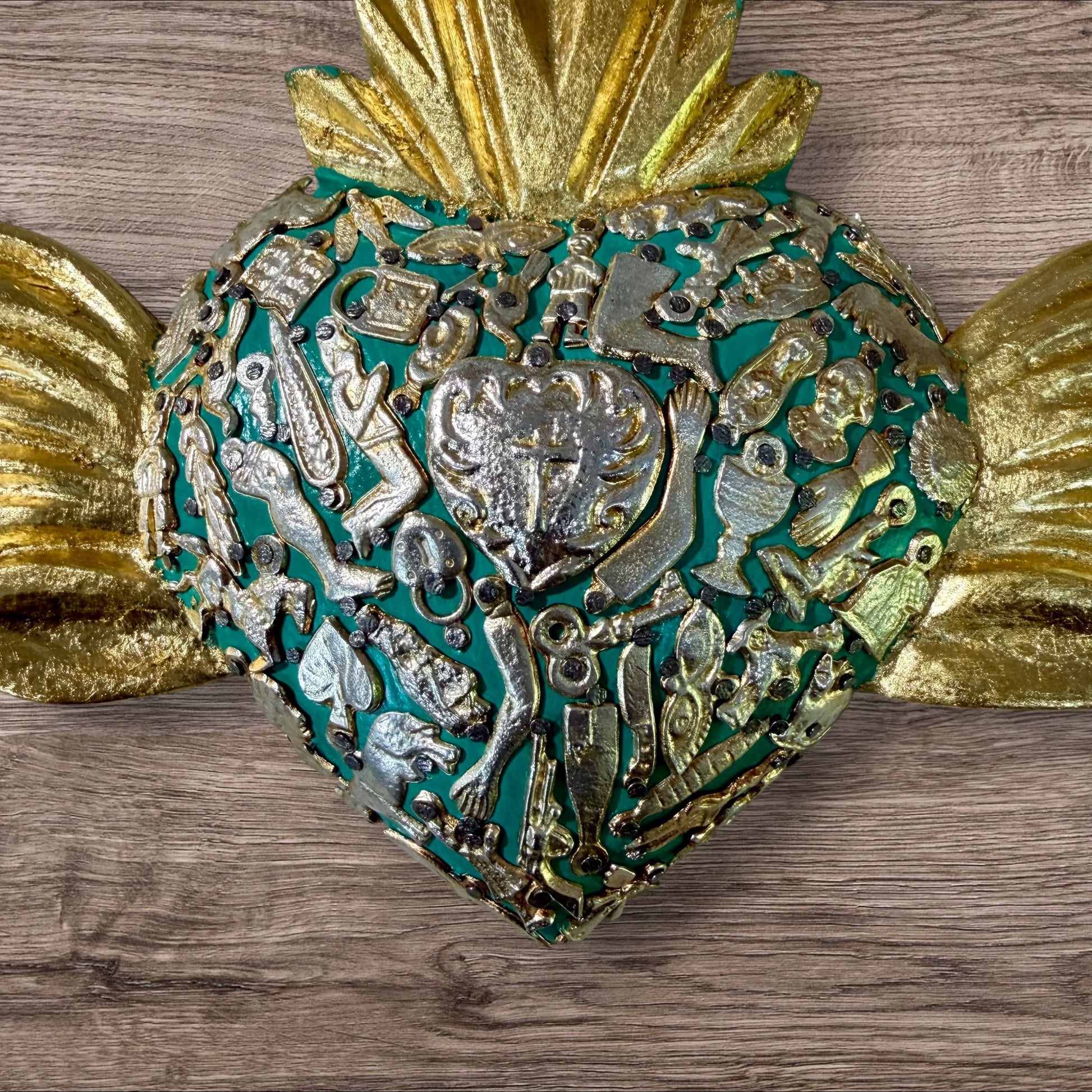 Winged Mexican Milagros Sacred Heart wood wall art Center