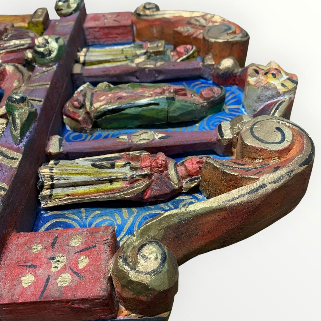 Mexican wood red table with Catholic Saints in Niches Top section detail