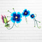 Decorative metal wall art with three blue flowers and a colorful hummingbird on a white brick background full front view